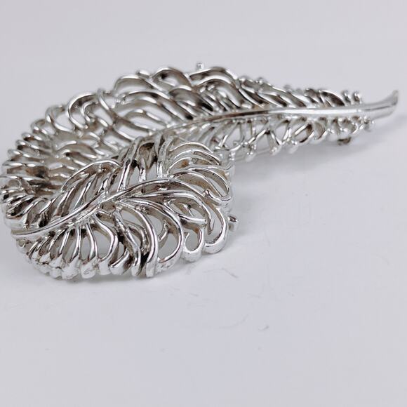 VTG Signed SAC Mid Century Brooch Silver Tone Openwork Feather Leaf - Picture 4 of 11